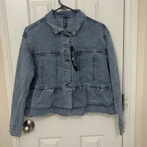 Crazy train ruffle Jean jacket sz Large